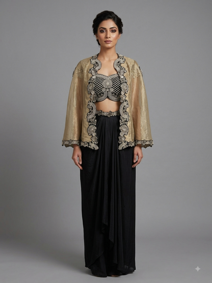 Silk Organza Cape Set with Draped Skirt & Bustier