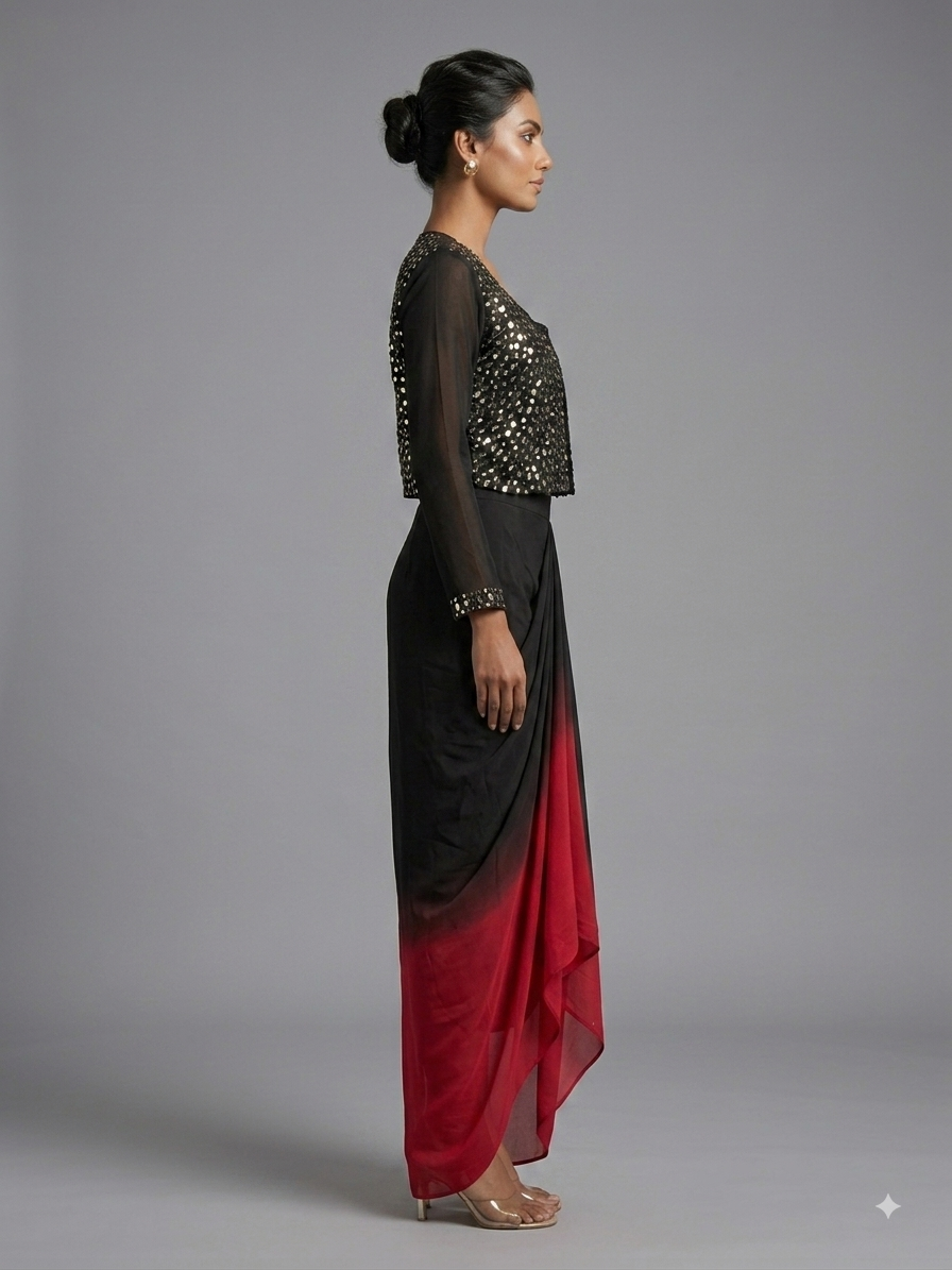 Black Ombre Silk Mirror Work Jacket Set with Draped Skirt