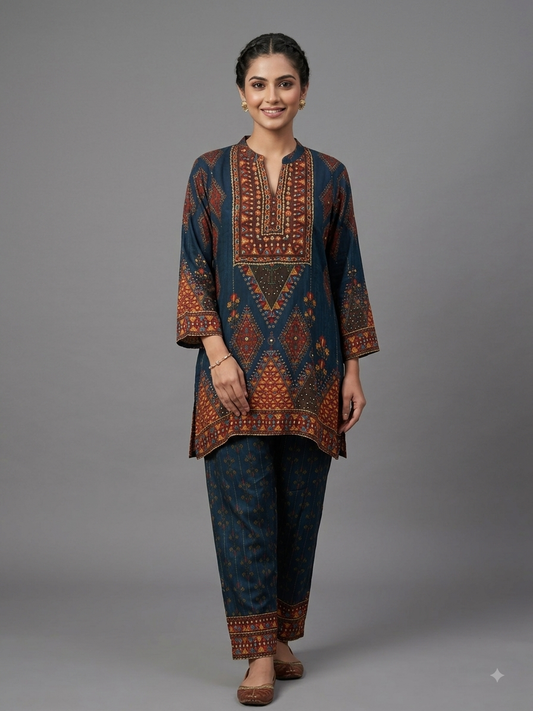 Blue  Crepe Printed Cord Set