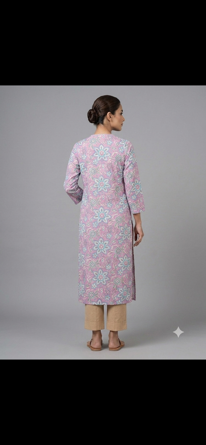 Pink printed cotton kurta