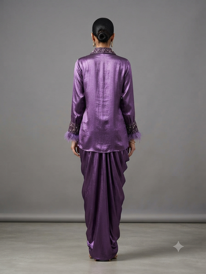 Purple Satin Blend Straight-Cut Shirt Cowl Drape Skirt