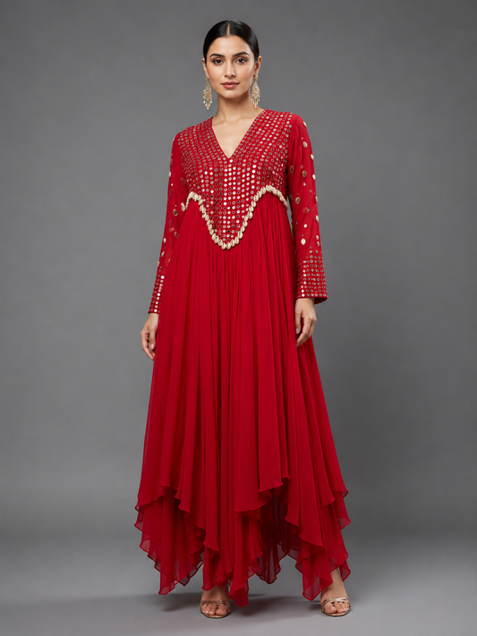 Red Georgette Mirror Work and Shells Embellished Dress