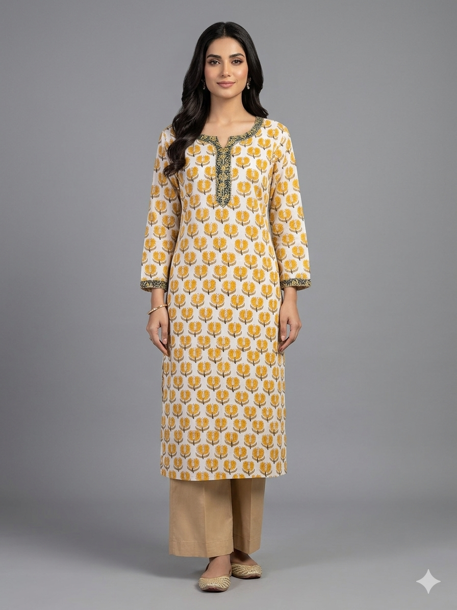 Yellow Printed Cotton Kurta