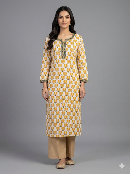 Yellow Printed Cotton Kurta
