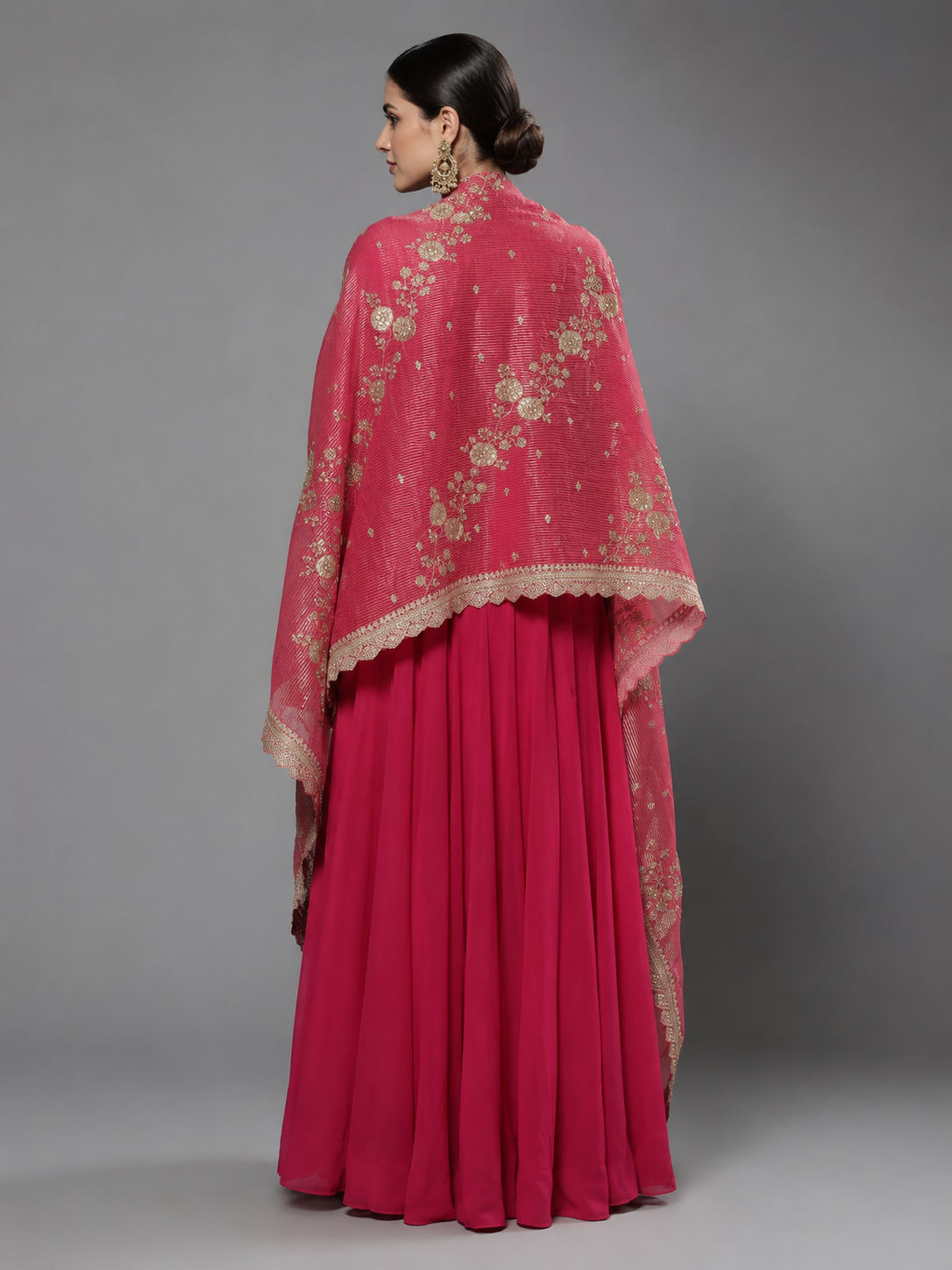 Fuchsia Pink Hand Embroidered Silk Anarkali with Dupatta