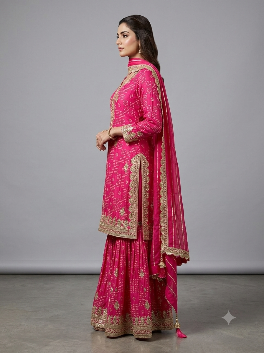 Fuchsia Pink Crepe Garara Hand Embroidered Suit Set