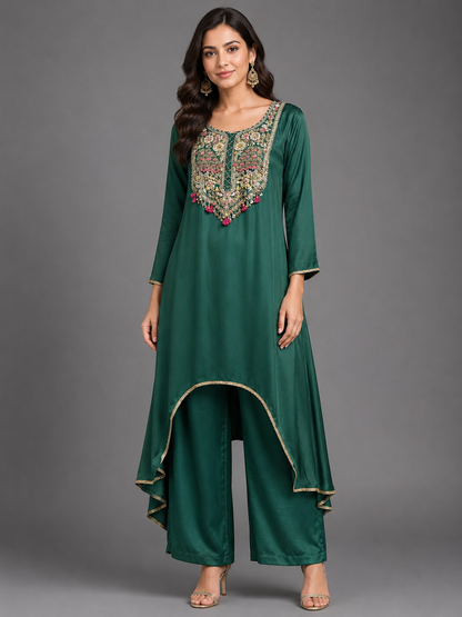 Green Satin Embellished Cord Set - Kurta & Pant