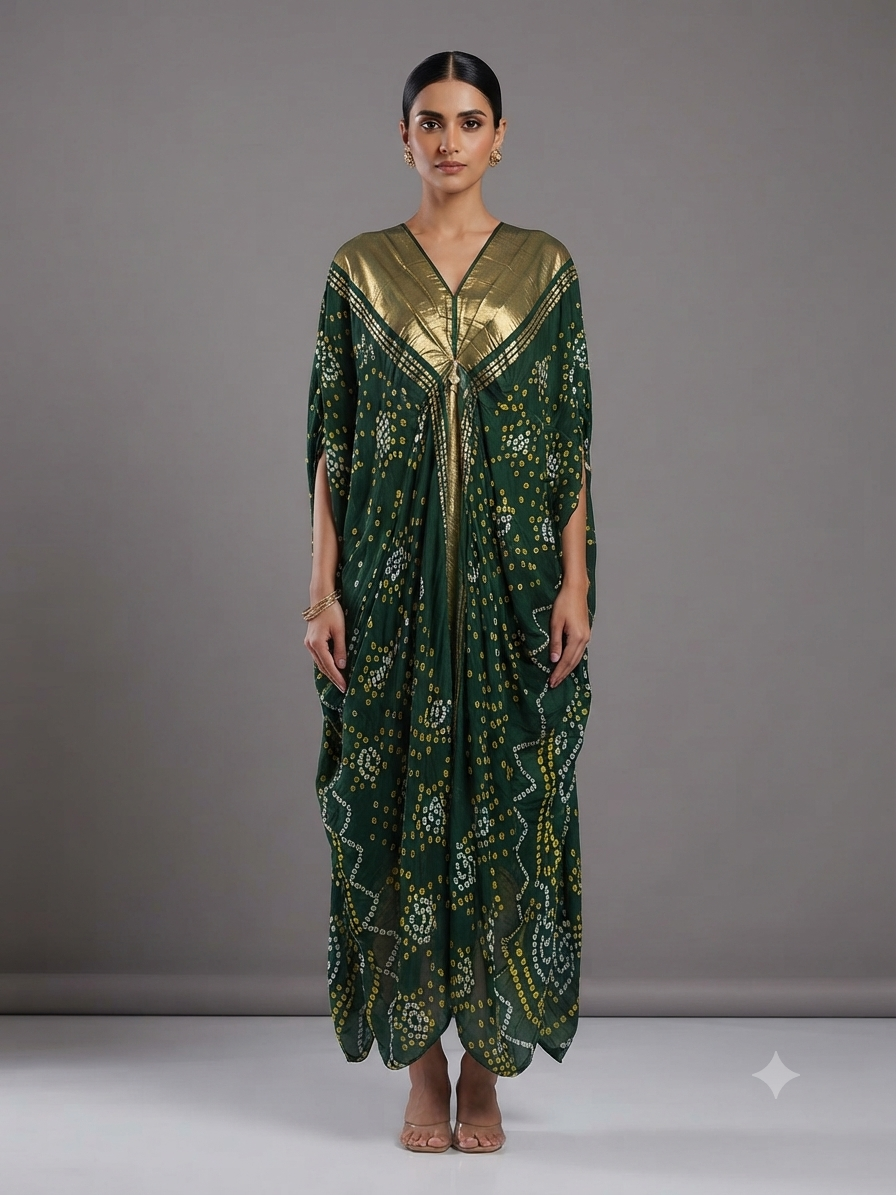 Green Silk Bandhej Printed Kaftan