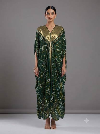 Green Silk Bandhej Printed Kaftan