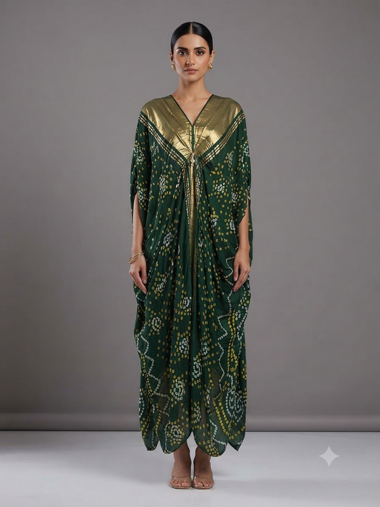 Green Silk Bandhej Printed Kaftan