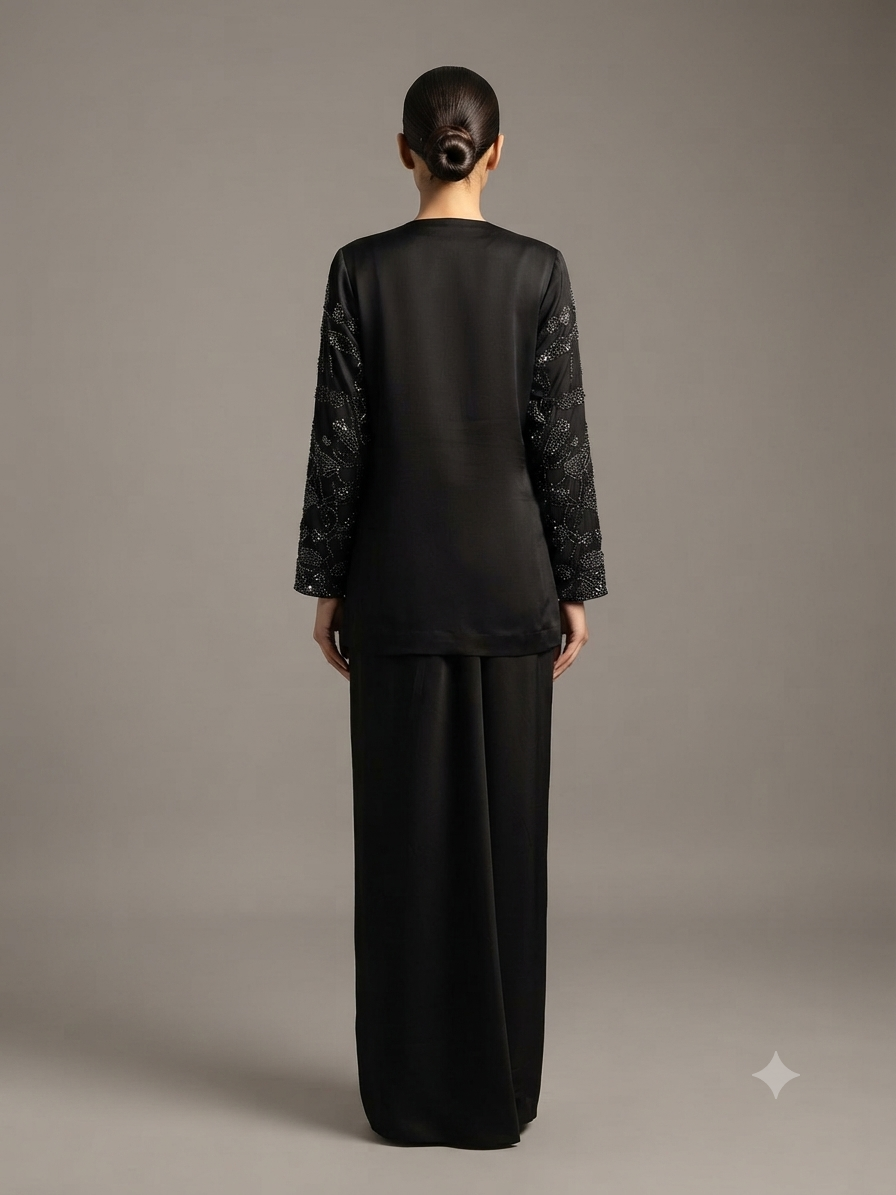 Black Crepe Cut Dana Sequins Jacket with Cowl Drape Skirt