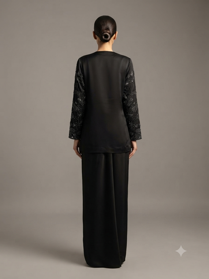 Black Crepe Cut Dana Sequins Jacket with Cowl Drape Skirt