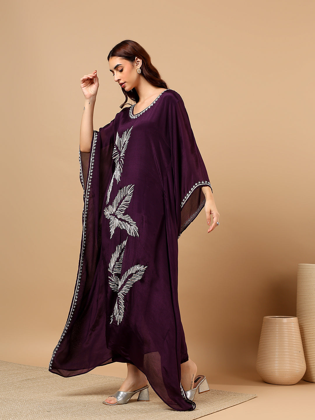 Wine Crepe Kaftan Set