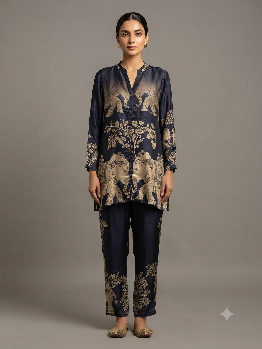 Black Printed Crepe Cord Set