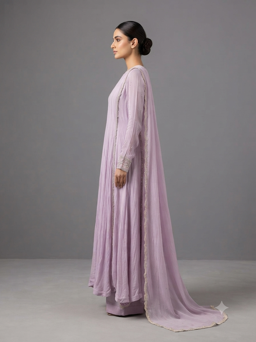 Lavender Chiffon Hand-Embroidered Anarkali Suit Set