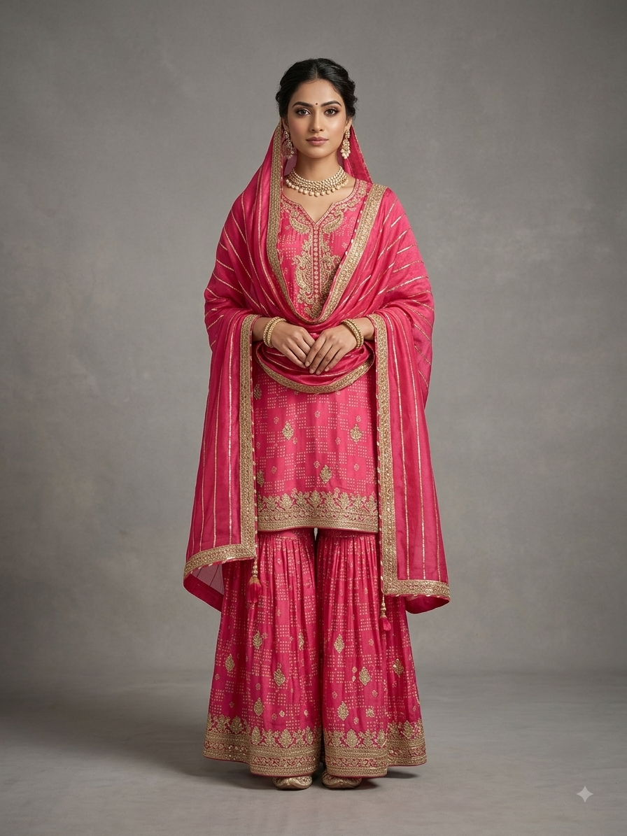 Fuchsia Pink Crepe Garara Hand Embroidered Suit Set