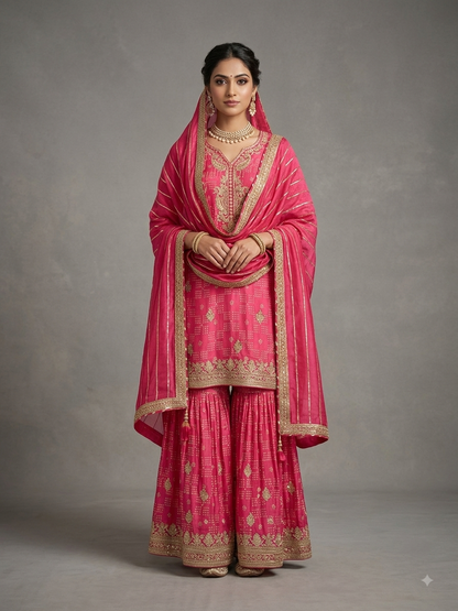 Fuchsia Pink Crepe Garara Hand Embroidered Suit Set