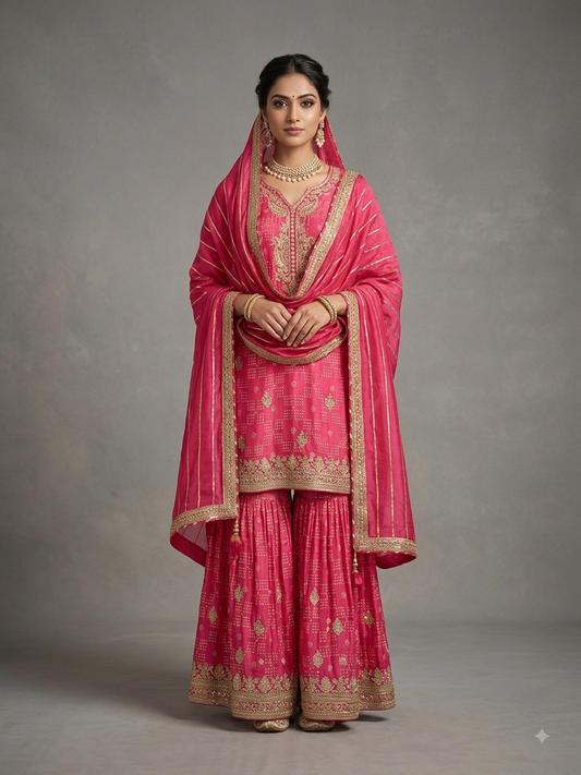 Fuchsia Pink Crepe Garara Hand Embroidered Suit Set