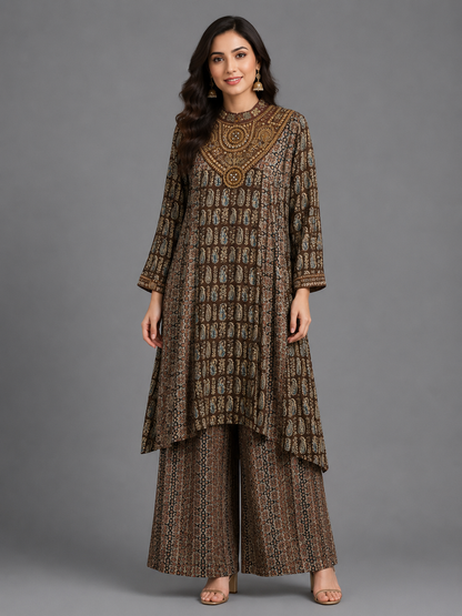 Brown Modal Silk Ajrakh with Zari and Mirror Work Kurta Set