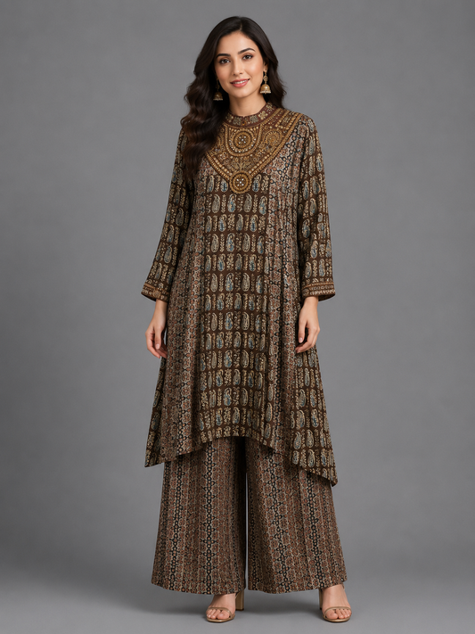 Brown Modal Silk Ajrakh with Zari and Mirror Work Kurta Set