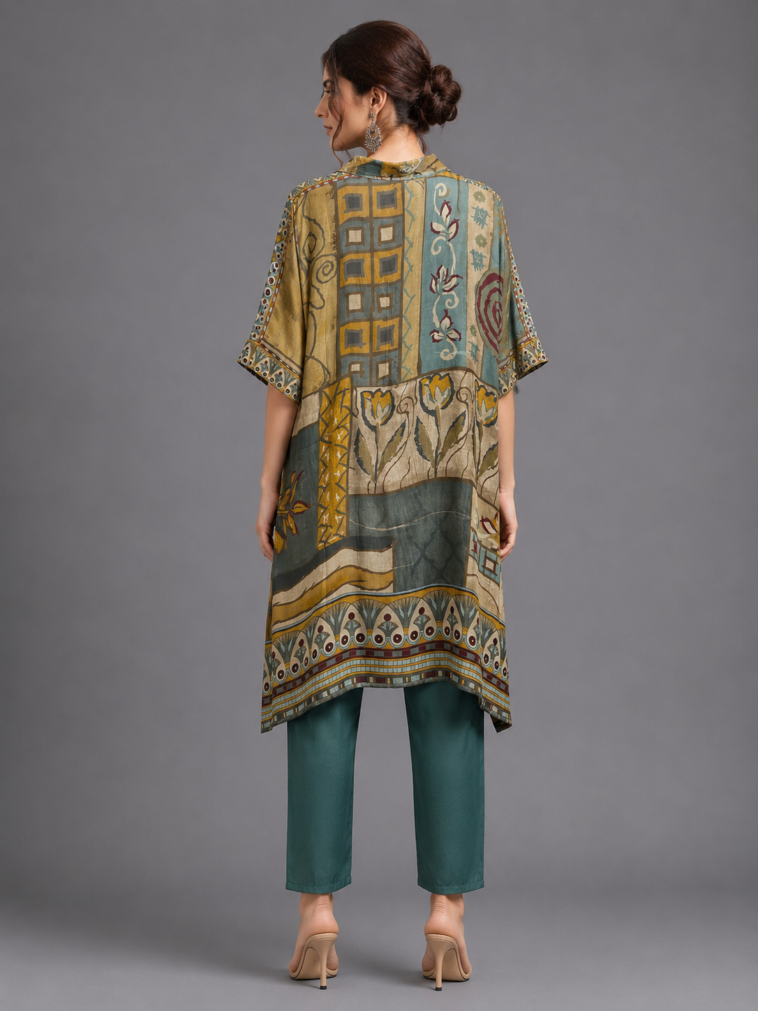 Abstract Printed Crepe Shirt & Teal Pant Cord Set
