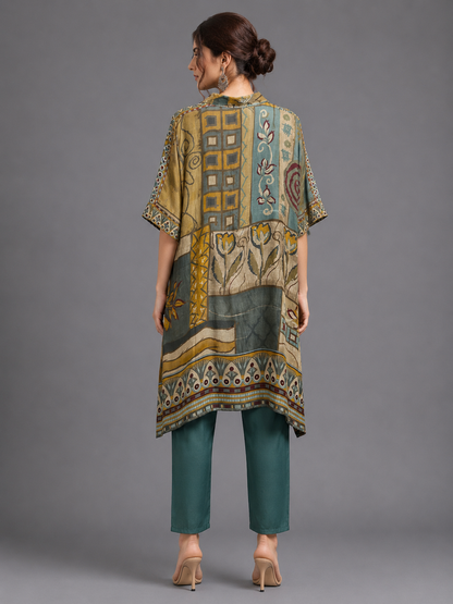 Abstract Printed Crepe Shirt & Teal Pant Cord Set