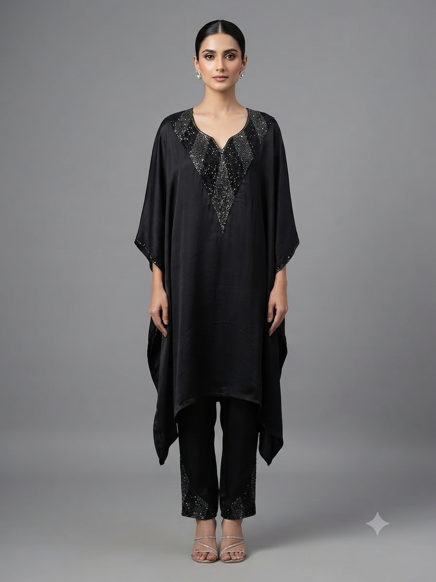 Black Crepe Kaftan & Pant Cord Set