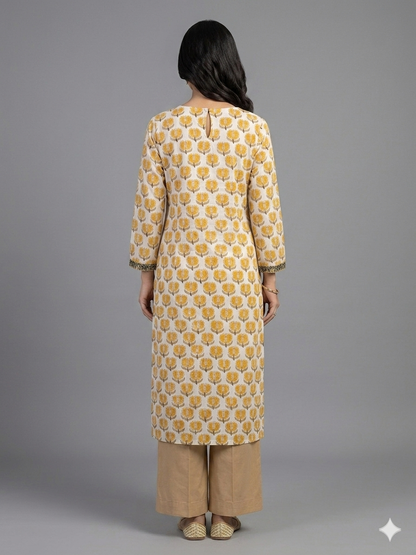 Yellow Printed Cotton Kurta