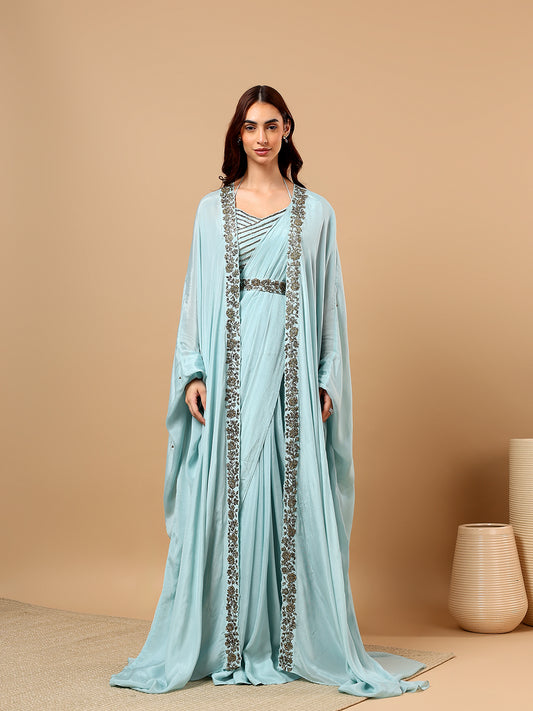 Sky Blue Chinon Hand Embellished Draped Saree with Cape