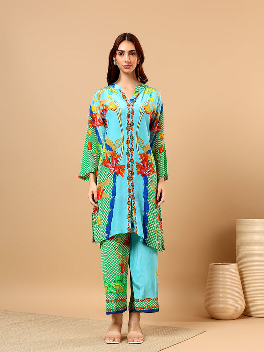 Green Printed Satin Cord Set