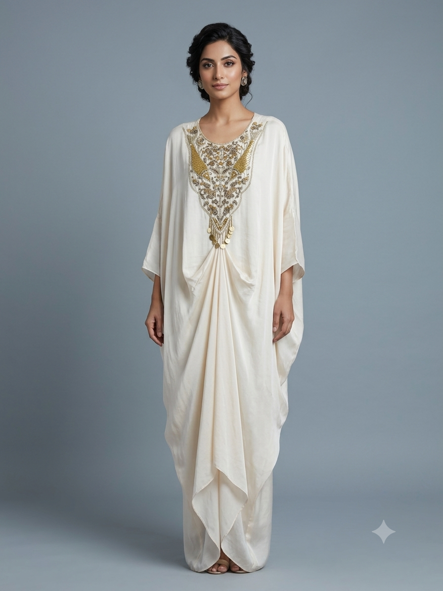 Off White Satin cowl Drape Kaftan Dress