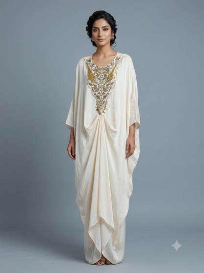 Off White Satin cowl Drape Kaftan Dress