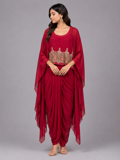 Red georgette cape set with cowl drape skirt