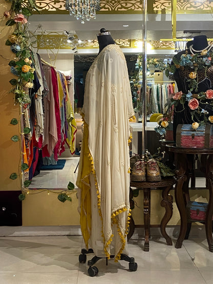 Off white georgette cape set with cowl drape skirt