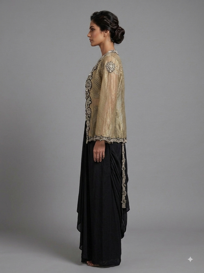 Silk Organza Cape Set with Draped Skirt & Bustier