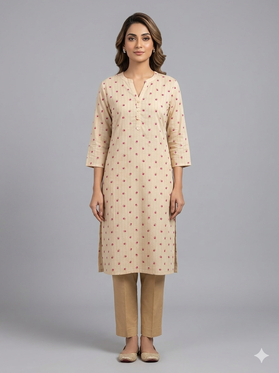 Beige Cotton Printed Kurta