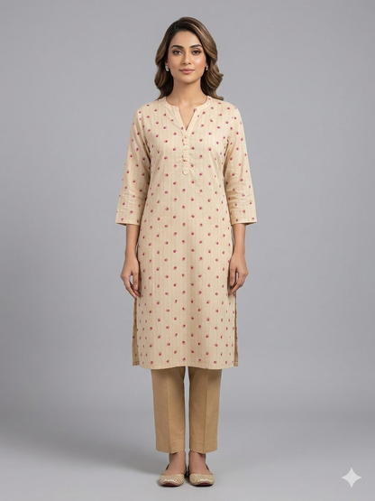 Beige Cotton Printed Kurta