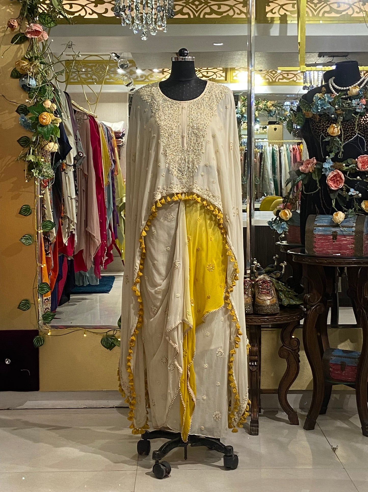 Off white georgette cape set with cowl drape skirt