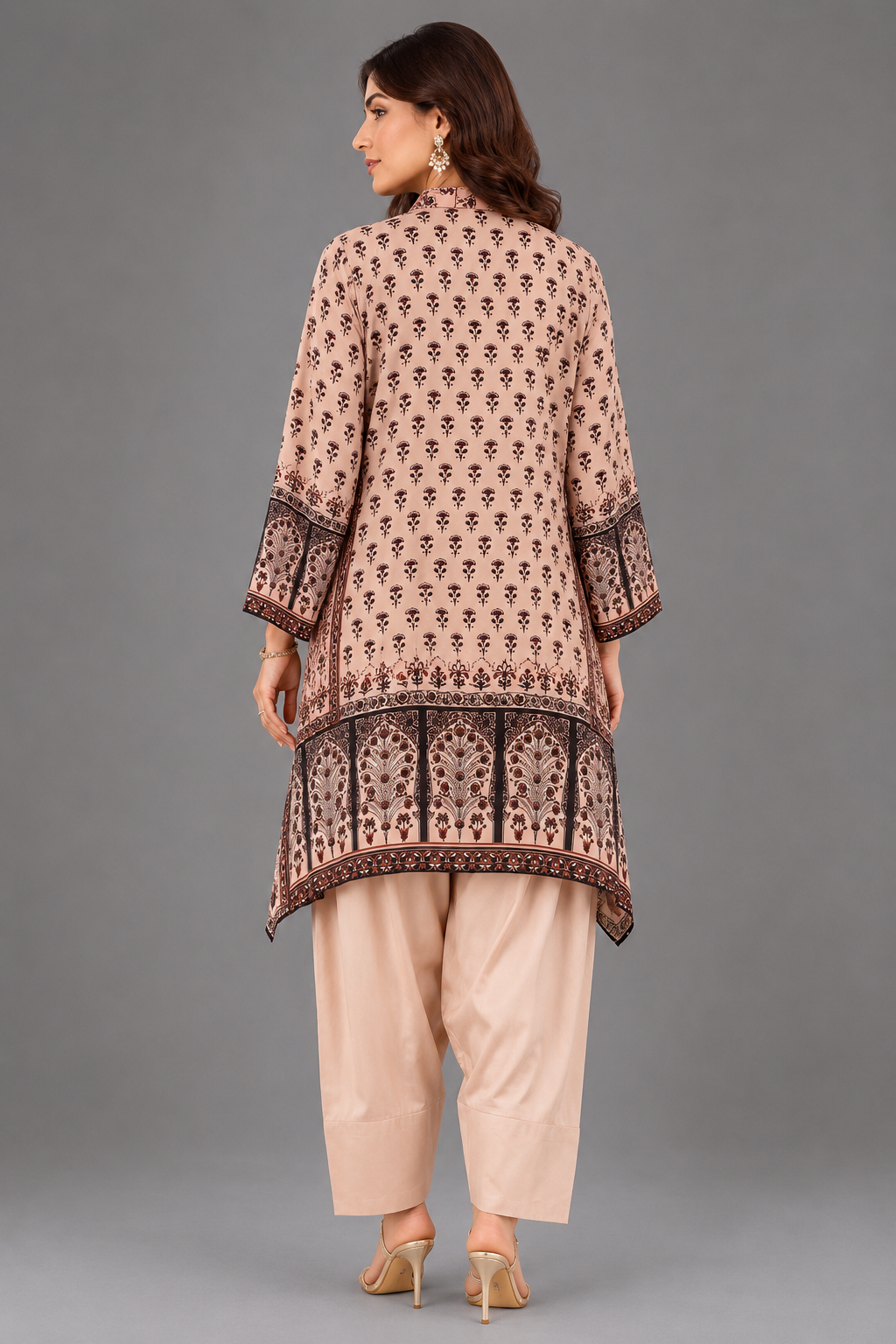 Beige Printed Satin Cord Set