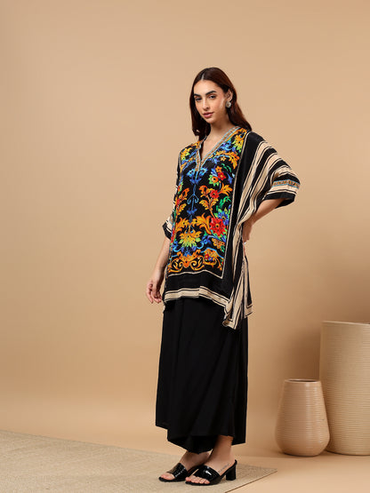 Black Printed Satin Cord Set