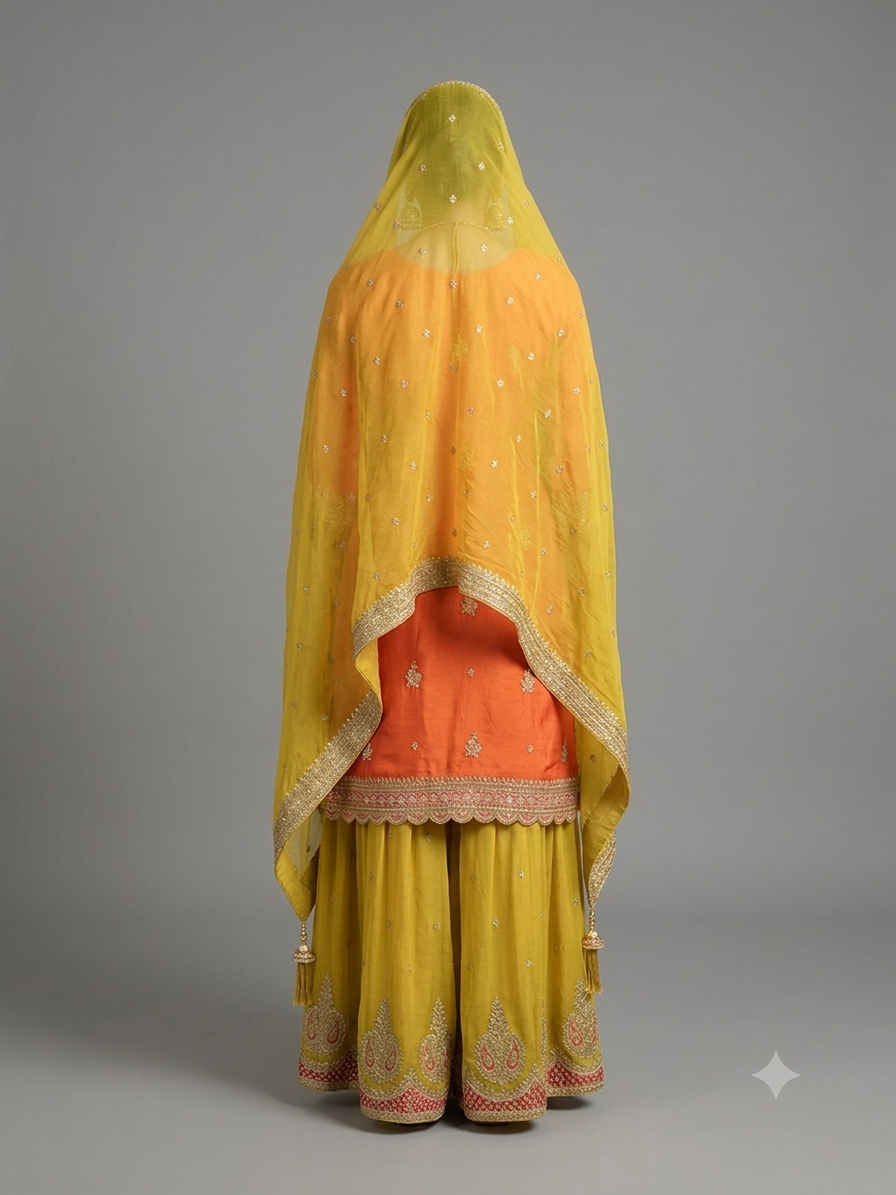 Apple Green & Orange Garara Chiffon Hand Embroidered Suit Set