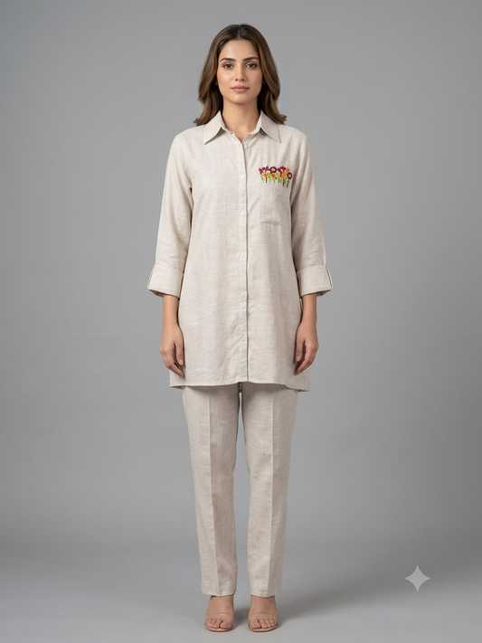 Off-White Linen Cord Set with French Knots Embroidery