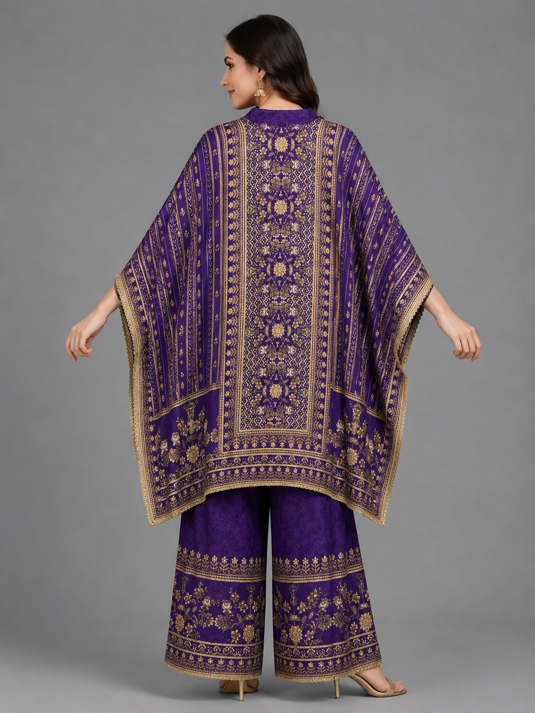 Royal Purple Satin Silk Mughal Geometric Printed Kaftan Pant Set