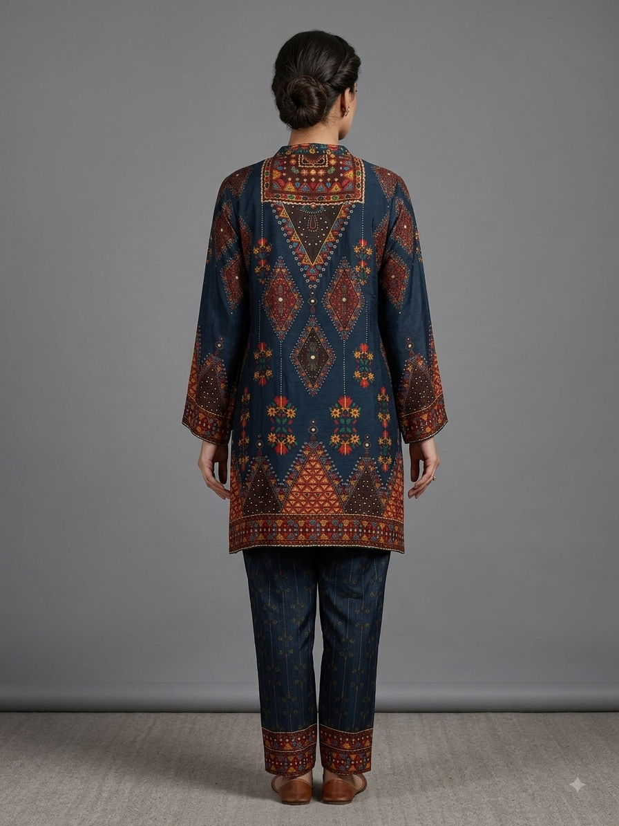 Blue  Crepe Printed Cord Set