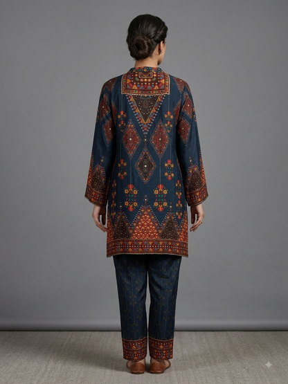 Blue  Crepe Printed Cord Set