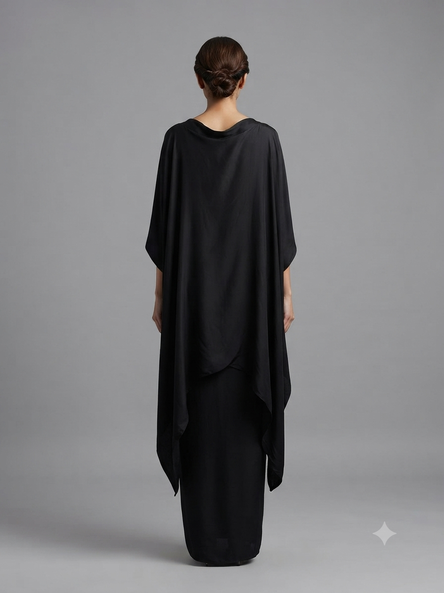 Black Satin Embellished Kaftan with Cowl Drape Skirt