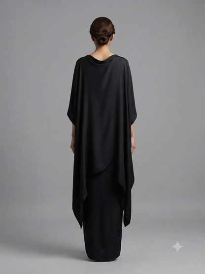 Black Satin Embellished Kaftan with Cowl Drape Skirt