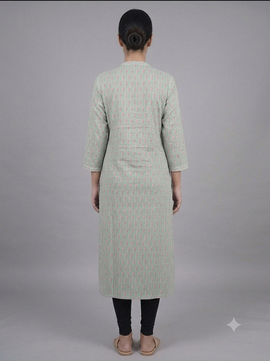 Green Printed Cotton Kurta