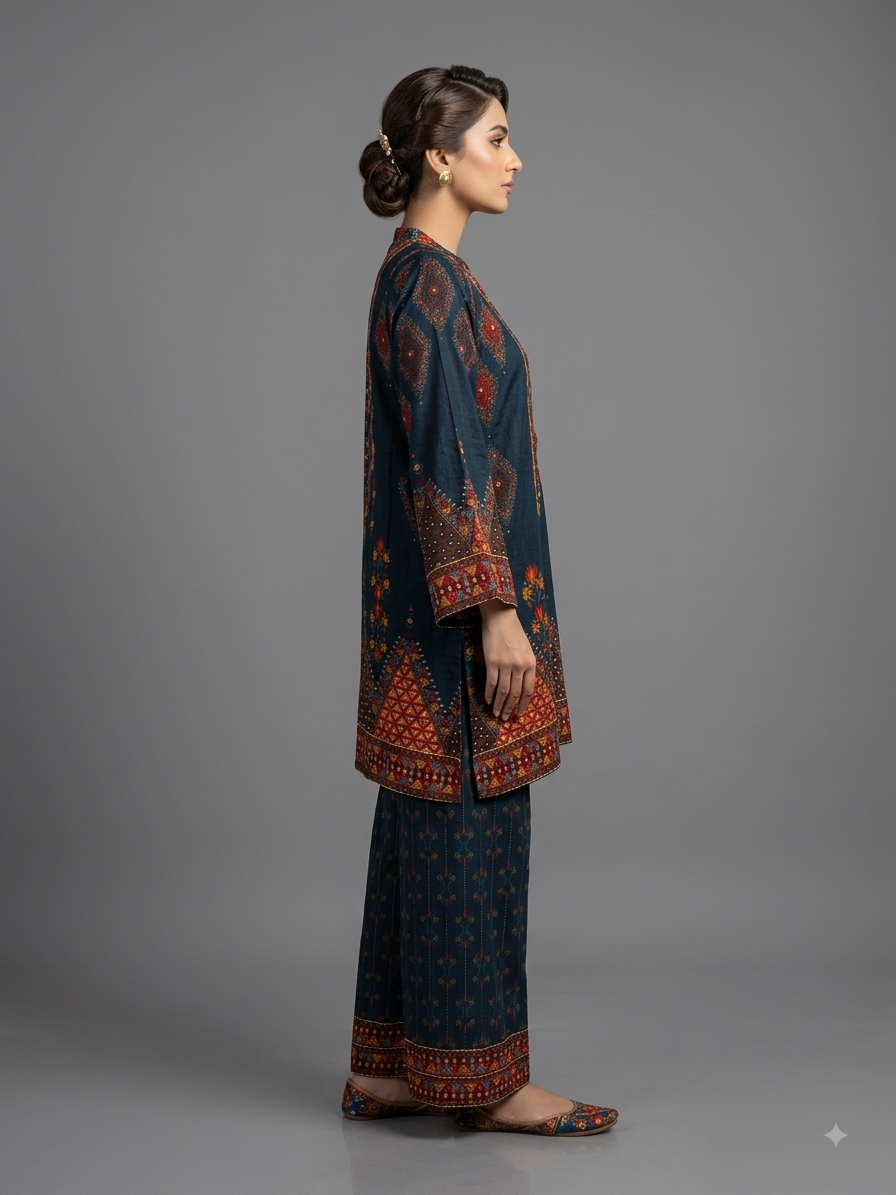Blue  Crepe Printed Cord Set