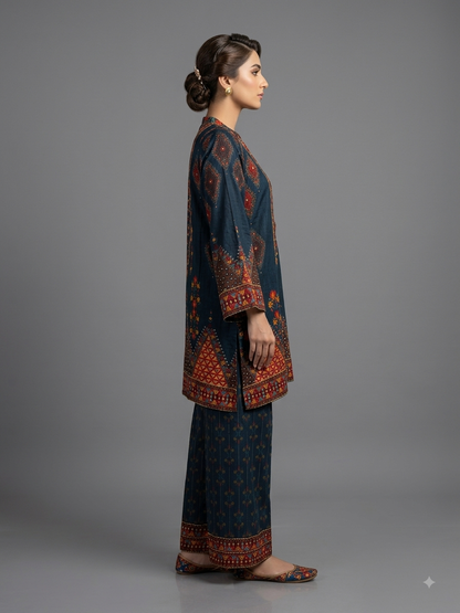 Blue  Crepe Printed Cord Set